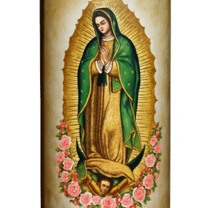 Velón de barro con la imagen de la virgen